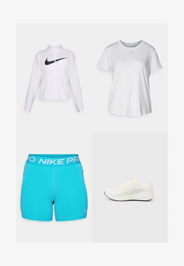 Witte Nike jack met lange mouwen, hoge kraag, ritssluiting en een opvallend zwart swoosh-logo aan de voorkant. Glad, lichtgewicht stof.; Witte T-shirt met korte mouwen van gladde stof, met een ronde halslijn en een klein grijs Nike-logo op de borst.; Turquoise sportshorts met een brede tailleband met "NIKE PRO" in het wit. Gemaakt van gladde stof met een aansluitend ontwerp.; Nike Performance DOWNSHIFTER 13 - Hardloopschoenen voor op de weg - sail/silver-coloured photon dust/summit white/barely volt/black