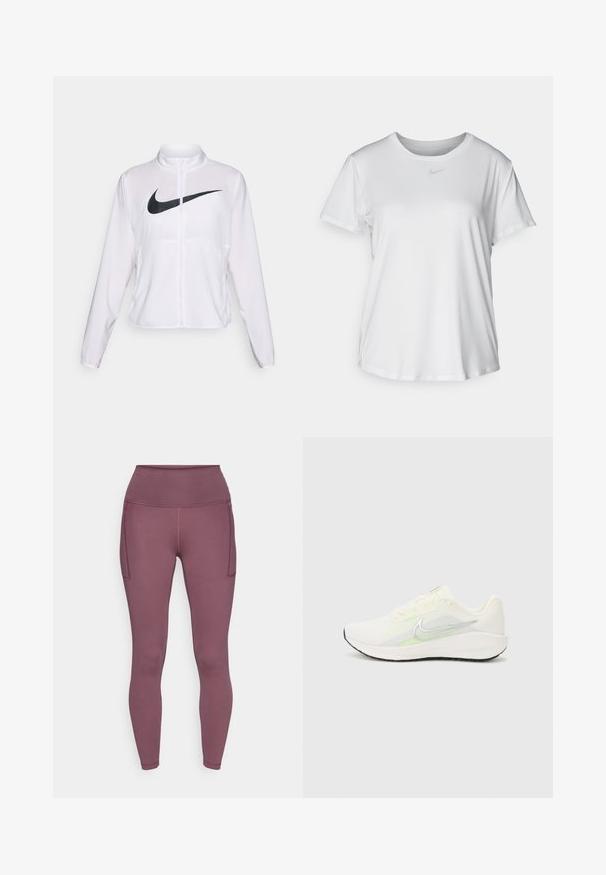 Valge Nike jakk pikkade varrukatega, kõrge krae, lukuga sulgur ja esifaasil silmapaistev must swoosh logo. Sile ja kerge kangas.; Valge lühikeste varrukatega T-särk, mis on valmistatud siledast kangast, ümarate kaelustega ning mille rinnal on väike hall Nike logo.; Lillad leggingid, millel on kõrge vöökoht, siledad tekstuurid ja kaks küljetaskut. Valmistatud venivast ja kergest materjalist mugavuse jaoks.; Nike Performance DOWNSHIFTER 13 - Maanteejooksu jalatsid - sail/silver-coloured photon dust/summit white/barely volt/black