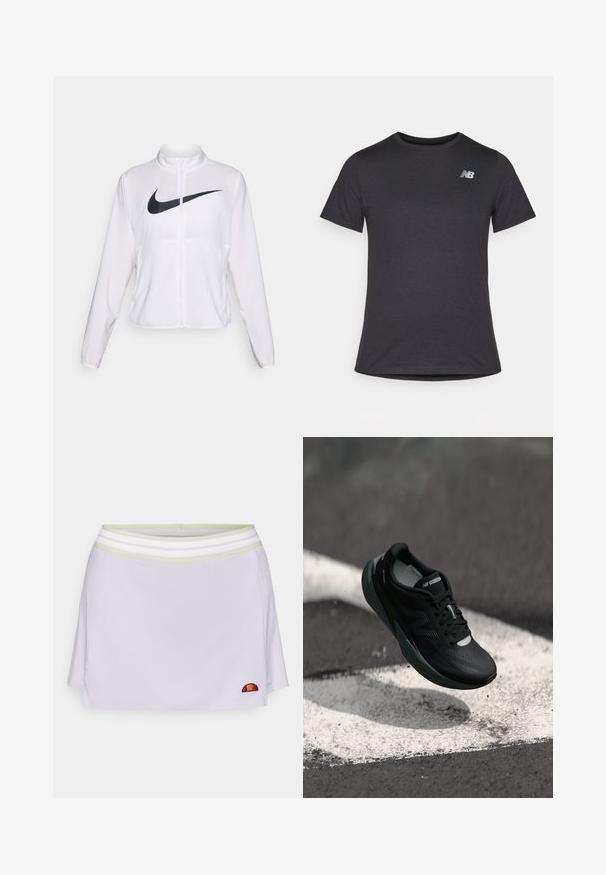 Jaqueta branca da Nike com mangas longas, gola alta, fecho de zíper e um grande logótipo swoosh preto na parte da frente. Tecido suave e leve.; T-shirt preta de manga curta feita de tecido suave, com um pequeno logótipo cinza da New Balance no canto superior esquerdo do peito, design clássico de decote redondo.; Saia atlética lilás com uma cintura em malha apresentando riscas brancas e verdes. Inclui um pequeno logótipo bordado no canto inferior direito.; Sapatilha de corrida preta com um cabedal texturizado, design elegante e detalhes reflexivos. Apresenta uma sola macia e acolchoada para maior conforto.