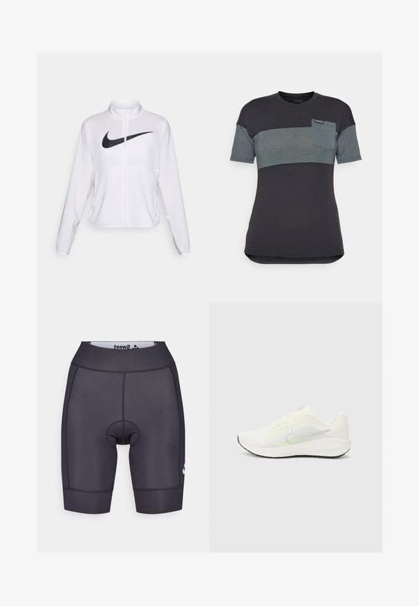 Balta Nike striukė su ilgomis rankovėmis, aukštu apykakle, užtrauktuku ir ryškiu juodu swoosh logotipu priekyje. Lygus, lengvas audinys.; Tamsiai pilka ir mėtų spalvos trumpomis rankovėmis marškinėliai su horizontaliu spalvų blokavimu, su krūtinės kišenėle ir etikete ant apgadimo.; Juodi dviračių šortai su prigludusia forma, tekstūruota medžiaga, sustiprintomis siūlėmis ir apvalia pagalvėle centre. Baltas logotipo akcentas.; Nike Performance DOWNSHIFTER 13 - Bėgimo batai plentui - sail/silver-coloured photon dust/summit white/barely volt/black
