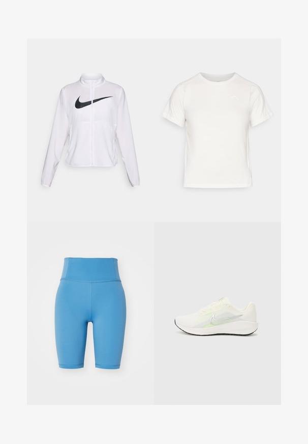 Balta Nike striukė su ilgomis rankovėmis, aukštu apykakle, užtrauktuku ir ryškiu juodu swoosh logotipu priekyje. Lygus, lengvas audinys.; Lengvas baltas marškinėliai trumpomis rankovėmis, apvaliu kaklu ir maža logo viršutiniame kairiajame kampe. Lygus audinys su subtiliu blizgesiu.; Girlfriend Collective FLOAT HIGH RISE BIKE SHORTS - Tamprės - surf; Nike Performance DOWNSHIFTER 13 - Bėgimo batai plentui - sail/silver-coloured photon dust/summit white/barely volt/black