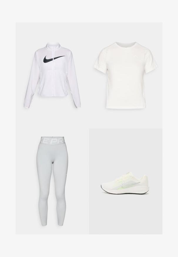 Chaqueta blanca de Nike con mangas largas, cuello alto, cierre de cremallera y un prominente logo negro del swoosh en la parte frontal. Tela suave y ligera.; Camiseta blanca ligera con mangas cortas, cuello redondo y un pequeño logo en la esquina superior izquierda. Tejido suave con un sutil brillo.; Mallas de longitud completa de Nike Pro de alta cintura en gris claro, con un logo en la cintura y un pequeño swoosh blanco en el muslo izquierdo.; Nike Performance DOWNSHIFTER 13 - Zapatillas running asfalto - sail/silver-coloured photon dust/summit white/barely volt/black