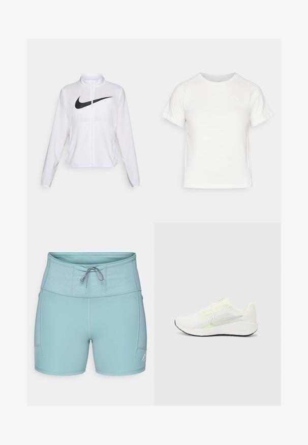 Valge Nike jakk pikkade varrukatega, kõrge krae, lukuga sulgur ja esifaasil silmapaistev must swoosh logo. Sile ja kerge kangas.; Kerge valge T-särk lühikeste varrukatega, ümmarguse kaelusega ja väikese logoga vasakus ülanurgas. Sile kangas, millel on õrn läige.; Heledad sinine sportlikud lühikesed püksid laia elastse vöökoha, nööri ja küljetaskutega. Sile kangas lapikute õmblustega mugavuse tagamiseks.; Nike Performance DOWNSHIFTER 13 - Maanteejooksu jalatsid - sail/silver-coloured photon dust/summit white/barely volt/black
