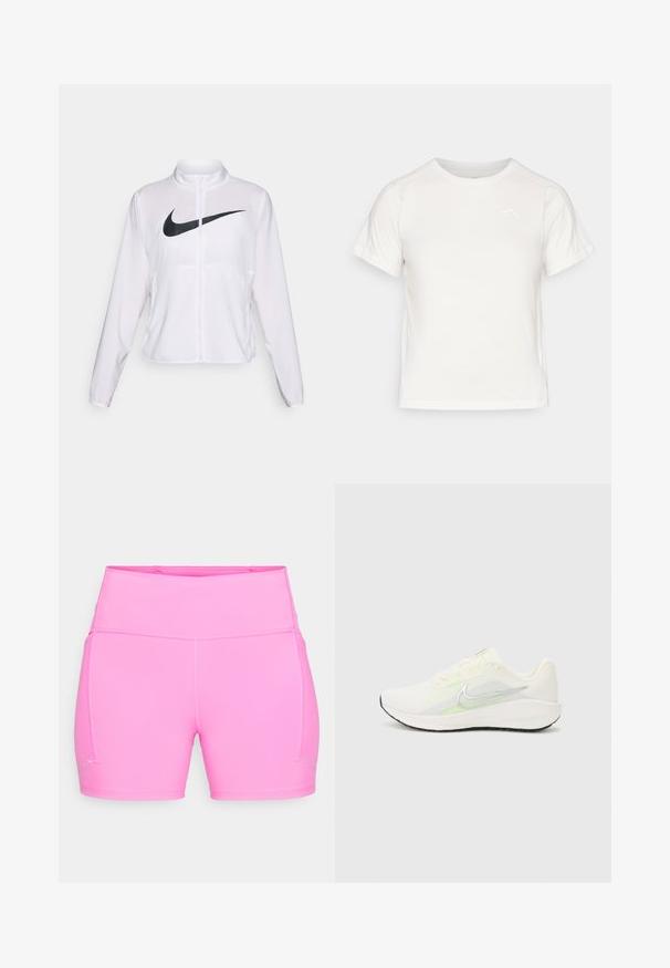 Veste blanche Nike à manches longues, col haut, fermeture éclair et un logo swoosh noir bien visible à l'avant. Tissu lisse et léger.; T-shirt léger blanc à manches courtes, col rond et avec un petit logo dans le coin supérieur gauche. Tissu lisse avec un léger éclat.; Shorts de sport taille haute de couleur rose vif avec des coutures à plat et de petits détails réfléchissants près de l'ourlet des deux jambes.; Nike Performance DOWNSHIFTER 13 - Chaussures de running sur route - sail/silver-coloured photon dust/summit white/barely volt/black