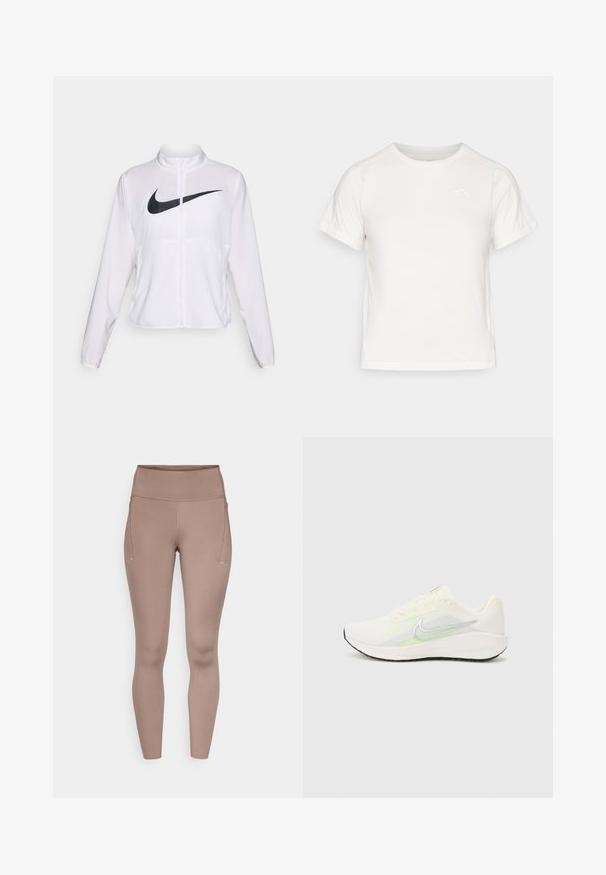 Veste blanche Nike à manches longues, col haut, fermeture éclair et un logo swoosh noir bien visible à l'avant. Tissu lisse et léger.; T-shirt léger blanc à manches courtes, col rond et avec un petit logo dans le coin supérieur gauche. Tissu lisse avec un léger éclat.; Leggings marron taille haute avec une texture lisse, dotés de poches latérales et de petits accents réfléchissants sur le devant.; Nike Performance DOWNSHIFTER 13 - Chaussures de running sur route - sail/silver-coloured photon dust/summit white/barely volt/black