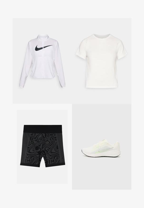 Veste blanche Nike à manches longues, col haut, fermeture éclair et un logo swoosh noir bien visible à l'avant. Tissu lisse et léger.; T-shirt léger blanc à manches courtes, col rond et avec un petit logo dans le coin supérieur gauche. Tissu lisse avec un léger éclat.; Shorts de sport noirs présentant un motif ondulé, des accents en maille sur les côtés et une taille noire unie. Tissu lisse et extensible.; Nike Performance DOWNSHIFTER 13 - Chaussures de running sur route - sail/silver-coloured photon dust/summit white/barely volt/black