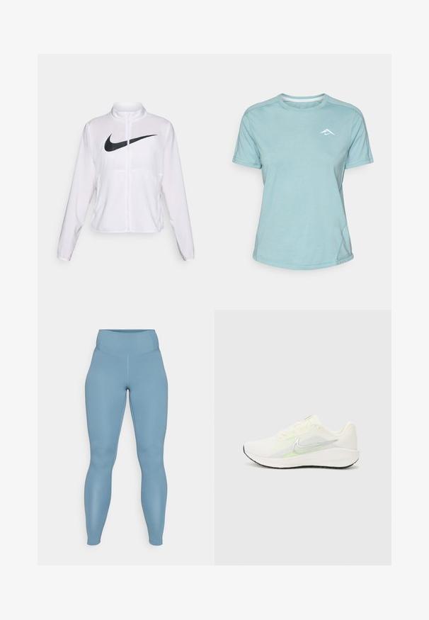 Hvid Nike jakke med lange ærmer, høj krave, lynlås lukning og en fremtrædende sort swoosh-logo på forsiden. Glat, letvægts stof.; Lys blå kortærmet t-shirt lavet af blødt stof, med rund halsudskæring og et lille hvidt logo på brystet. Synlige sømdetaljer.; Blå høj talje leggings lavet af glat, strækbart stof. Har en tætsiddende form og sømløst design med en let glans.; Nike Performance DOWNSHIFTER 13 - Løbesko til landevejen - sail/silver-coloured photon dust/summit white/barely volt/black