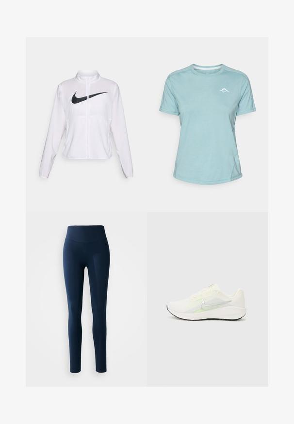 Giacca Nike bianca con maniche lunghe, colletto alto, chiusura con zip e un prominent logo swoosh nero sulla parte anteriore. Tessuto liscio e leggero.; T-shirt azzurro chiaro a maniche corte realizzato in tessuto morbido, con collo rotondo e un piccolo logo bianco sul petto. Dettagli delle cuciture visibili.; Leggings blu navy realizzati in tessuto a costine elastiche, con una vita alta e un design aderente, adatti per l'abbigliamento sportivo.; Nike Performance DOWNSHIFTER 13 - Scarpe da corsa su strada - sail/silver-coloured photon dust/summit white/barely volt/black