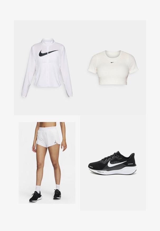 Giacca Nike bianca con maniche lunghe, colletto alto, chiusura con zip e un prominent logo swoosh nero sulla parte anteriore. Tessuto liscio e leggero.; T-shirt bianca cropped in tessuto a coste, con maniche corte e collo rotondo; presenta un piccolo logo Nike nero sul petto.; Pantaloncini sportivi bianchi con vita a coste, spacchi laterali e logo Nike nero. Indossati con scarpe da ginnastica nere e calzini bianchi alti.; Scarpa sportiva nera con tomaia in mesh, un logo Nike bianco e una suola bianca imbottita con dettagli testurizzati.