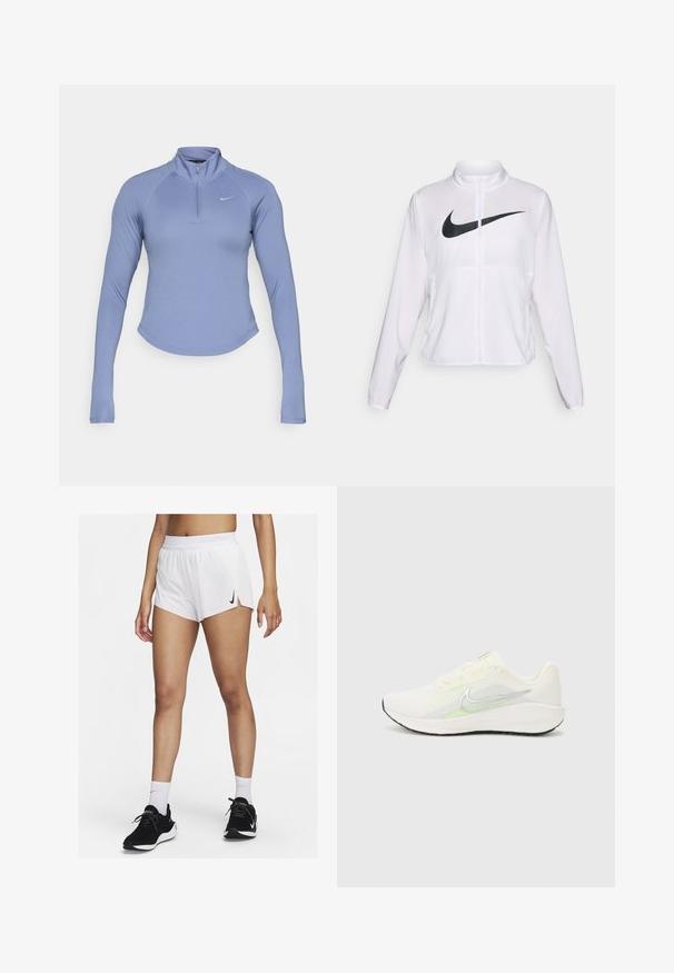 Balta Nike striukė su ilgomis rankovėmis, aukštu apykakle, užtrauktuku ir ryškiu juodu swoosh logotipu priekyje. Lygus, lengvas audinys.; Šviesiai mėlynas ilgomis rankovėmis užtrauktuku užsegamas džemperis, pagamintas iš lygios, tamprios medžiagos. Pavyzdinis aukštas apykaklė ir mažas logotipas kairėje krūtinės pusėje.; Balti sportiniai šortai su iškiliais juosmens dirželiais, šoninėmis skeltukėmis ir juodu Nike logotipu. Dėvimi su juodais sportbačiais ir baltais aukštais kojinėmis.; Nike Performance DOWNSHIFTER 13 - Bėgimo batai plentui - sail/silver-coloured photon dust/summit white/barely volt/black