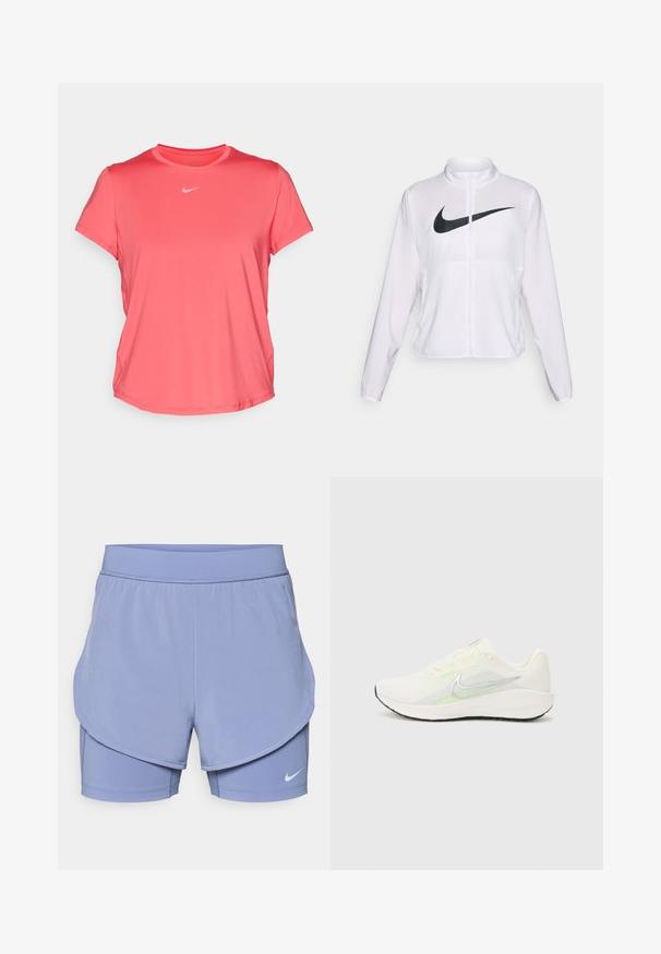 Hvit Nike-jakke med lange ermer, høy krage, glidelås foran, og en fremtredende svart swoosh-logo på forsiden. Glatt, lett materiale.; Nike Performance ONE CLASSIC TOP - T-skjorte til trening - aster pink/black; Nike-shorts i lys lilla, med et lagdelt design som har et innvendig tettsittende fôr og en løs ytre passform. Elastisk midjebånd for komfort.; Nike Performance DOWNSHIFTER 13 - Løpesko for vei - sail/silver-coloured photon dust/summit white/barely volt/black