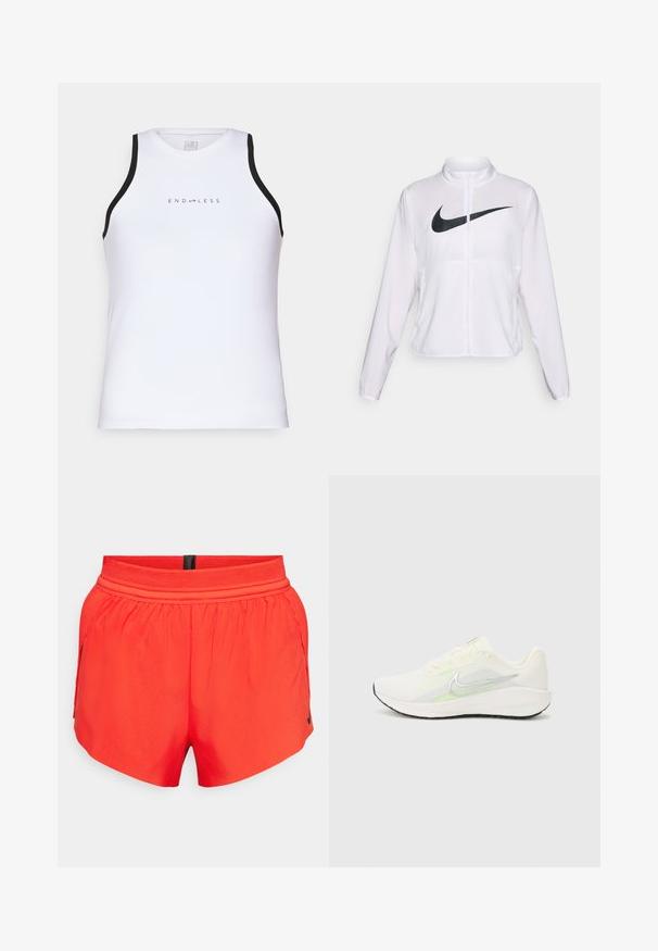 Biela bunda Nike s dlhými rukávmi, vysokým golierom, zipsom a výrazným čiernym logom swoosh na prednej strane. Hladká, ľahká tkanina.; Endless ESSENTIAL - Top - white; Červené športové šortky vyrobené z ľahkej tkaniny s elastickým pásom, obsahujúce bočné vrecká a malé čierne logo na leme.; Nike Performance DOWNSHIFTER 13 - Cestná bežecká obuv - sail/silver-coloured photon dust/summit white/barely volt/black