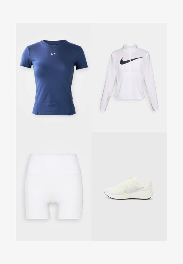 Bijela Nike jakna s dugim rukavima, visokim ovratnikom, zatvaranjem na patentni zatvarač i istaknutim crnim swoosh logom sprijeda. Glatka, lagana tkanina.; Tamnoplava kratkotrajna sportska majica s bijelim Nike swoosh logotipom centriranim ispod izreza na jednostavnoj pozadini.; Bijele kratke hlače visokog struka napravljene od rastezljivog materijala. Karakteriziraju ih glatka tekstura i prilagođeni dizajn, bez dodatnih uzoraka ili hardvera.; Nike Performance DOWNSHIFTER 13 - Tenisice za cestovno trčanje - sail/silver-coloured photon dust/summit white/barely volt/black