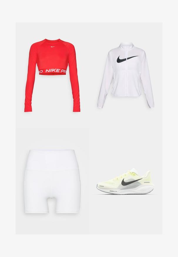 Witte Nike jack met lange mouwen, hoge kraag, ritssluiting en een opvallend zwart swoosh-logo aan de voorkant. Glad, lichtgewicht stof.; Rode lange mouwen crop top gemaakt van rekbaar materiaal, met een ronde hals en een witte "NIKE PRO" band aan de zoom. Gladde textuur, strakke pasvorm.; Witte hoge taille shorts van rekbare stof. Kenmerken een gladde textuur en een aansluitend ontwerp, zonder extra patronen of hardware.; Nike hardloopschoenen met een lichtgele en witte mesh bovenkant, grijze accenten en een flexibele rubberen zool. Voorzien van een vetersluiting.
