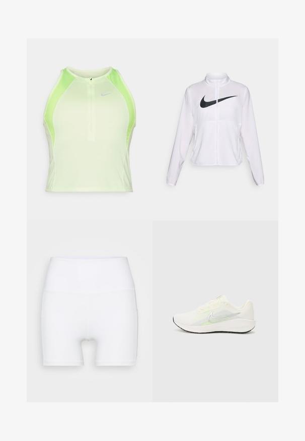 Bela Nike jakna z dolgimi rokavi, visokim ovratnikom, zadrgo in izstopajočim črnim znakomm Swoosh na sprednji strani. Gladek, lahek material.; Utesnjen brezrokavnik v svetlo zeleni barvi z zračnimi mrežastimi paneli. Ima sprednji zadrgo in diskreten Nike logo. Gladka tekstura.; Bele visoke hlače iz raztegljivega materiala. Imajo gladko teksturo in oprijet obliko, brez dodatnih vzorcev ali kovinskih delov.; Nike Performance DOWNSHIFTER 13 - Tekaški copati za cesto - sail/silver-coloured photon dust/summit white/barely volt/black