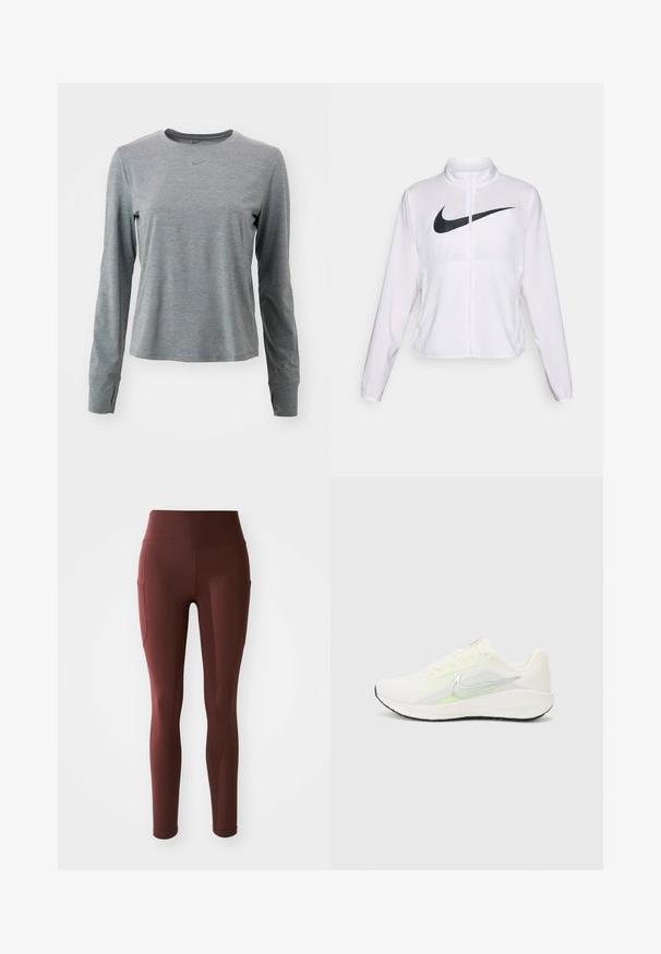 White Nike jacket with long sleeves, high collar, zip closure, and a prominent black swoosh logo on the front. Smooth, lightweight fabric.; Nike Performance ONE CLASSIC TOP - Long sleeved top - smoke grey heather/black; Maroon leggings with a high waistband, fitted shape, soft texture, and side pockets for added convenience. Smooth, stretchy fabric.; Nike Performance DOWNSHIFTER 13 - Road running shoes - sail/silver-coloured photon dust/summit white/barely volt/black