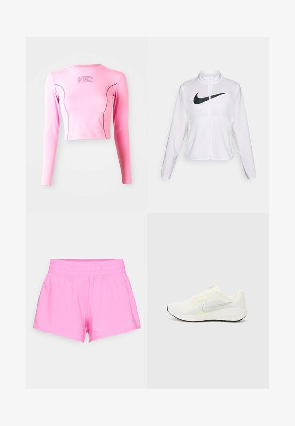 Bílá bunda Nike s dlouhými rukávy, vysokým límcem, zapínáním na zip a výrazným černým logem swoosh na přední straně. Hladká, lehká tkanina.; Růžový crop top s dlouhým rukávem vyrobený z elastického materiálu. Má kulatý výstřih a kontrastní švy. Logo Nike je vyšité na hrudi.; Jasně růžové sportovní šortky s elastickým pasem a malým šedým logem Nike na dolním levém lemu na bílém pozadí.; Nike Performance DOWNSHIFTER 13 - Silniční běžecké boty - sail/silver-coloured photon dust/summit white/barely volt/black