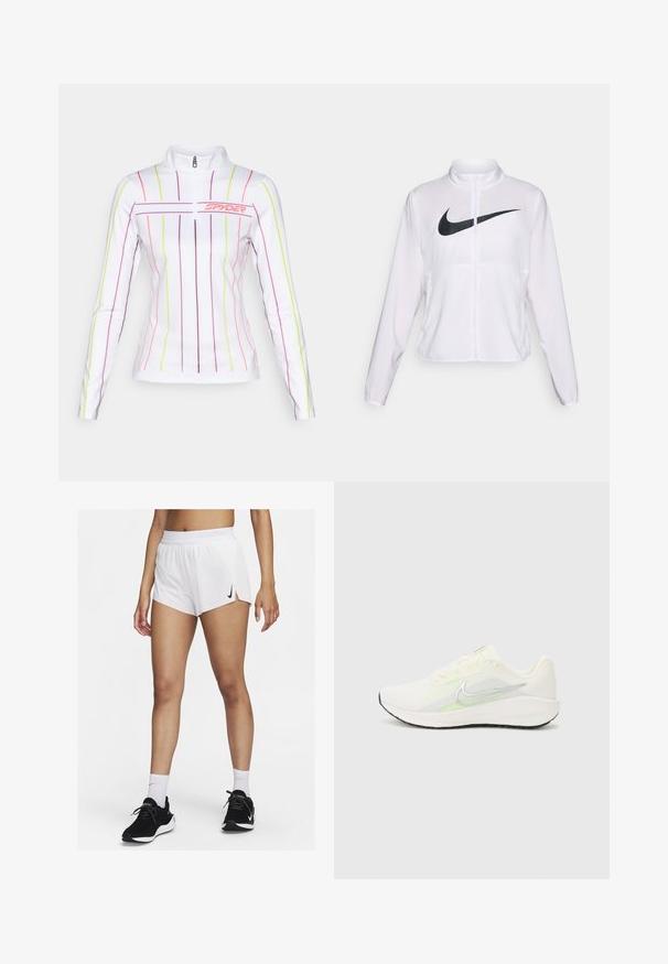 Bijela Nike jakna s dugim rukavima, visokim ovratnikom, zatvaranjem na patentni zatvarač i istaknutim crnim swoosh logom sprijeda. Glatka, lagana tkanina.; Bijela atletska majica dugih rukava s polu-zatvaračem, koja sadrži vertikalne višebojne pruge u ružičastoj, ljubičastoj i neonskoj žutoj boji.; Bijele sportske kratke hlače s rebrastim pojasom, bočnim prorezima i crnim logotipom Nike. Nošene s crnim tenisicama i bijelim čarapama do sredine lista.; Nike Performance DOWNSHIFTER 13 - Tenisice za cestovno trčanje - sail/silver-coloured photon dust/summit white/barely volt/black