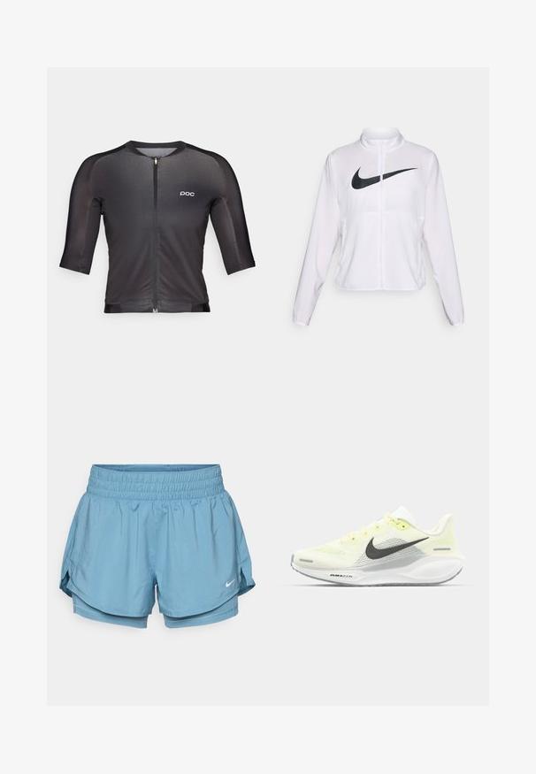 Biała kurtka Nike z długimi rękawami, wysokim kołnierzem, zamkiem błyskawicznym oraz wyraźnym czarnym logo swoosh z przodu. Gładki, lekki materiał.; Czarna koszulka rowerowa z rękawami o długości trzech czwartych, z zamkiem błyskawicznym z przodu, z minimalnym brandingiem. Wykonana z gładkiego, elastycznego materiału o dopasowanym kroju.; Jasnoniebieskie szorty sportowe z szerokim elastycznym pasem, podszewką wewnętrzną i bocznymi wcięciami dla swobody ruchów. Ozdobione małym białym logo.; Biegi Nike z lekką żółtą i białą siateczką cholewy, szarymi akcentami i elastyczną gumową podeszwą. Posiada klasyczne sznurowanie.