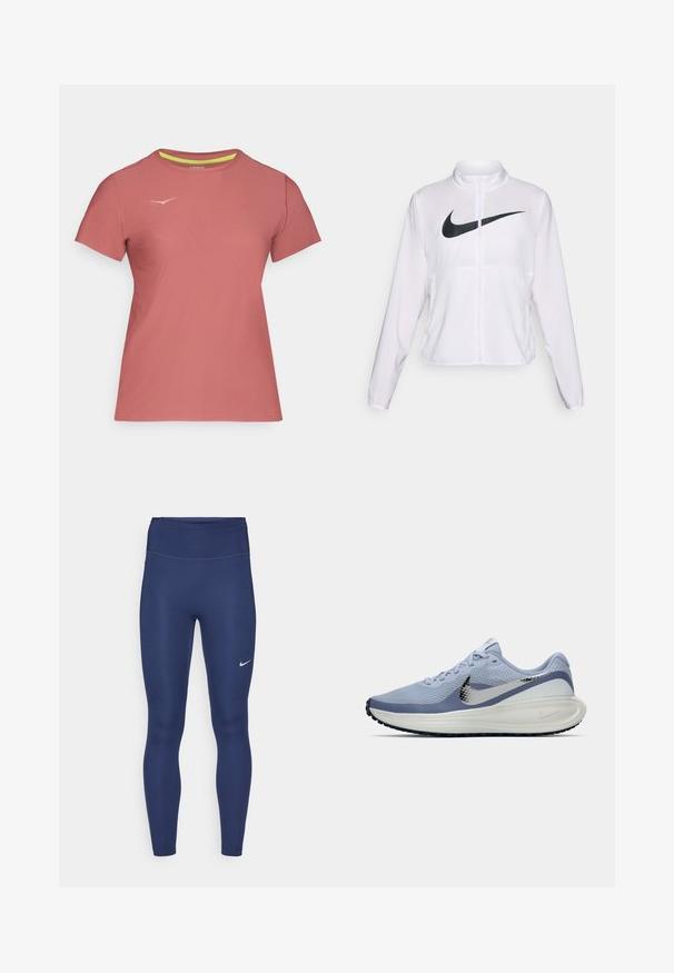 Jaqueta branca da Nike com mangas longas, gola alta, fecho de zíper e um grande logótipo swoosh preto na parte da frente. Tecido suave e leve.; T-shirt de manga curta em tecido leve e suave. Apresenta uma cor rosa, decote redondo e um logótipo subtil no peito com decote em contraste.; Leggings azul marinho com uma cintura alta, feitas de tecido elástico. Apresentam costuras subtis e um pequeno logo branco da Nike na coxa esquerda.; Sapatilha de corrida Nike azul claro e branca com o swoosh prateado, parte superior de malha respirável, sola acolchoada e sola preta.