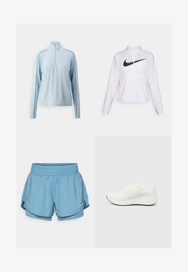 White Nike jacket with long sleeves, high collar, zip closure, and a prominent black swoosh logo on the front. Smooth, lightweight fabric.; Light blue long-sleeve pullover with a half zip, made from smooth fabric, featuring contrasting dark blue side stripes and a standing collar.; Light blue athletic shorts with a wide elastic waistband, inner lining, and side slits for ease of movement. Features a small white logo.; Nike Performance DOWNSHIFTER 13 - Road running shoes - sail/silver-coloured photon dust/summit white/barely volt/black