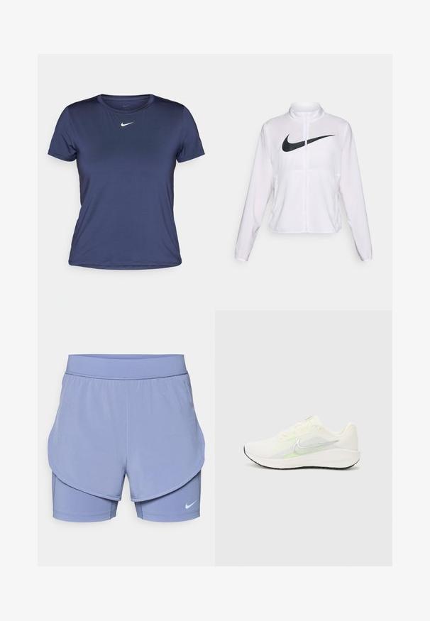 Bela Nike jakna z dolgimi rokavi, visokim ovratnikom, zadrgo in izstopajočim črnim znakomm Swoosh na sprednji strani. Gladek, lahek material.; Mornarsko modra kratka športna majica z gladkim, lahkim materialom, s majhnim belim logotipom Nike na prsih.; Nike kratke hlače v svetlo vijolični barvi, z večplastnim dizajnom, ki vključuje notranji prilegajoči se podlogi in zunanjim ohlapnim krojem. Elastičen pas za udobje.; Nike Performance DOWNSHIFTER 13 - Tekaški copati za cesto - sail/silver-coloured photon dust/summit white/barely volt/black