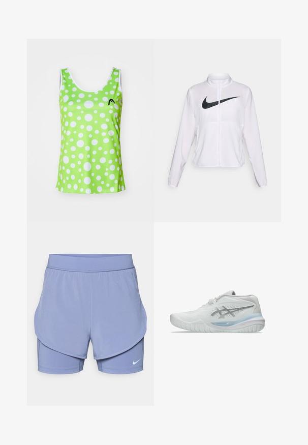 Jaqueta branca da Nike com mangas longas, gola alta, fecho de zíper e um grande logótipo swoosh preto na parte da frente. Tecido suave e leve.; Top verde com bolinhas brancas, apresentando um decote redondo e um pequeno logótipo preto. Feito de tecido liso e leve.; Calças curtas Nike em lilás claro, apresentando um design em camadas com um forro interior ajustado e uma parte exterior folgada. Cintura elástica para conforto.; Tênis atléticos brancos com um cabedal texturizado, apresentando uma sola azul translúcida e uma discreta marcação cinza na lateral. Bico arredondado e perfil baixo.