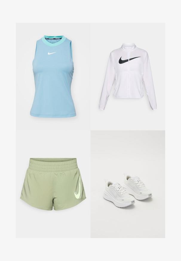 Giacca Nike bianca con maniche lunghe, colletto alto, chiusura con zip e un prominent logo swoosh nero sulla parte anteriore. Tessuto liscio e leggero.; Nike Performance ADVANTAGE TANK - Top - denim turquoise/green frost/white; Pantaloni sportivi verde chiaro con cintura elastica, caratterizzati da un grande logo Nike swoosh bianco sul lato inferiore destro.; Scarpe da ginnastica bianche con tomaia in rete testurizzata, suola ammortizzata e sottili dettagli grigi. Comprendono il branding e una linguetta sul tallone per una facile calzata.