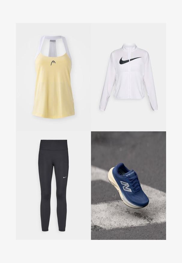 Balta Nike jaka ar garām piedurknēm, augstu apkakli, ar rāvējslēdzēja aizdari un izteiktu melnu Swoosh logotipu priekšpusē. Gluda, viegla auduma.; Dzeltena sporta tank topa ar gaiši pelēku sietveida aizmuguri un mazu tumšu logo uz krūtīm. Gluda tekstūra un ikdienišķs dizains.; Melnas legingi, izgatavoti no elastīga auduma, ar augstu jostu un baltu Nike logotipu kreisajā augšstilbā. Gluda tekstūra, piegulošs dizains.; Zilas skriešanas apāšs ar acu materiāla virsmu, mīkstinātu zoli un redzamām dūrienu detaļām. Ieteiktā gaismas krāsas viduszole un melna ārējā zole.