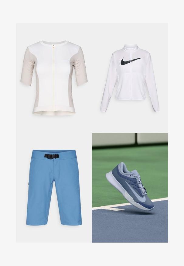 Balta Nike jaka ar garām piedurknēm, augstu apkakli, ar rāvējslēdzēja aizdari un izteiktu melnu Swoosh logotipu priekšpusē. Gluda, viegla auduma.; Īsām piedurkņu velo krekls baltā un gaiši bēšā krāsā, ar priekšējo rāvējslēdzēju, gludu tekstūru un logotipa detaļu uz krūškurvja.; Gaiši zili pārgājienu šorti ar plakanu jostu, regulējamu jostu un sānu kabatām. Izgatavoti no gludas, elpojošas materiāla, ceļa garuma dizains.; Sporta apavi gaiši zilā un tumši zilā krāsā, ar strukturētu augšējo daļu, plakanu šņoru un vieglu balto zoli. Novietoti virs laukuma virsmas.