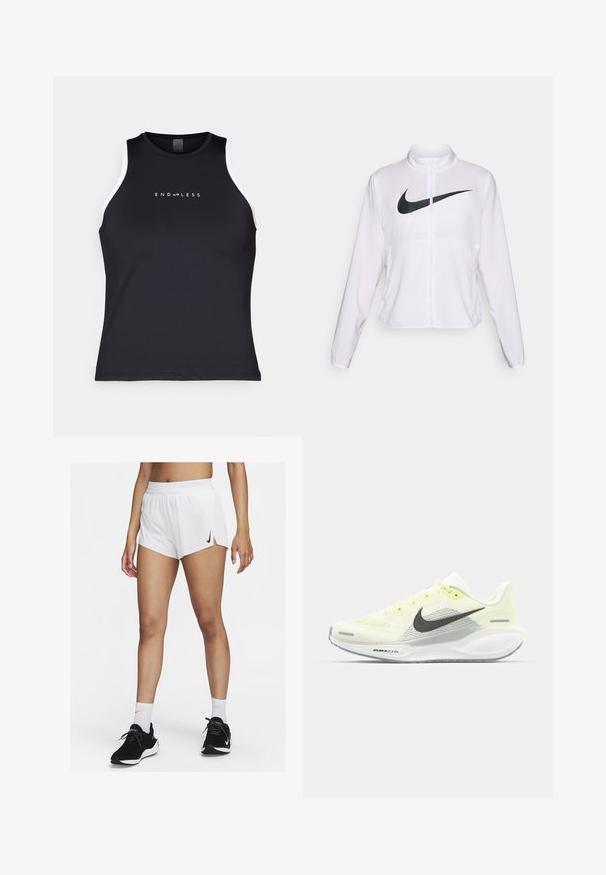 Weiße Nike-Jacke mit langen Ärmeln, hohem Kragen, Reißverschluss und einem auffälligen schwarzen Swoosh-Logo auf der Vorderseite. Glattes, leichtes Material.; Endless ESSENTIAL - Top - black; Weiße sportliche Shorts mit einem gerippten Bündchen, seitlichen Schlitzen und einem schwarzen Nike-Logo. Kombiniert mit schwarzen Turnschuhen und weißen Sportsocken.; Nike Laufschuhe mit einem hellgelben und weißen Mesh-Obermaterial, grauen Akzenten und einer flexiblen Gummisohle. Verfügt über einen Schnürverschluss.