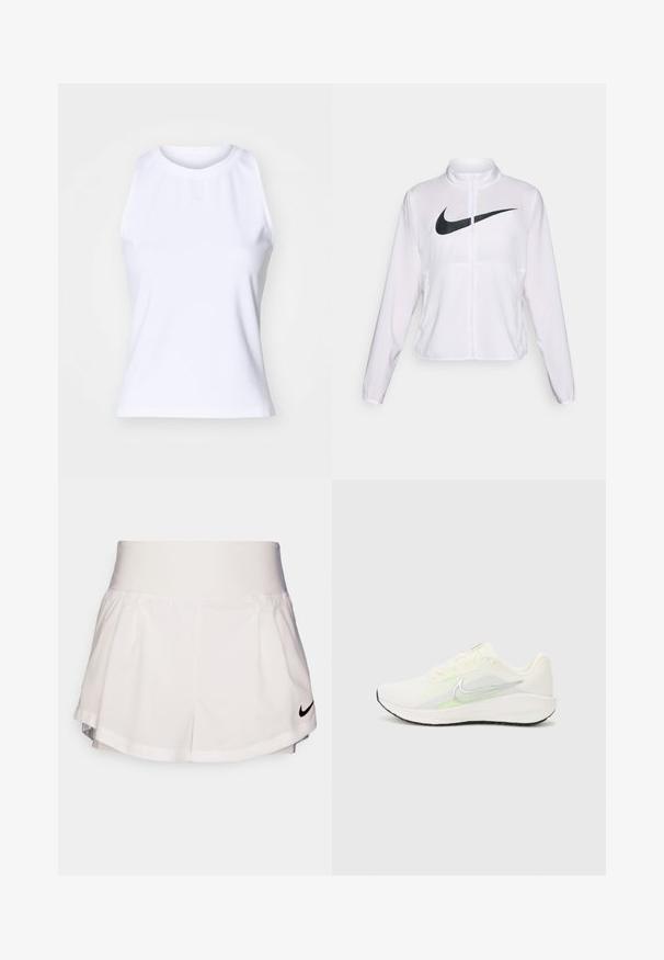 Hvid Nike jakke med lange ærmer, høj krave, lynlås lukning og en fremtrædende sort swoosh-logo på forsiden. Glat, letvægts stof.; Hvid ærmeløs tanktop lavet af glat bomuldsblanding. Har en rund halsudskæring og diskret logo-broderi i midten foran.; Nike Performance SHORT - Korte sportsbukser - white/black; Nike Performance DOWNSHIFTER 13 - Løbesko til landevejen - sail/silver-coloured photon dust/summit white/barely volt/black
