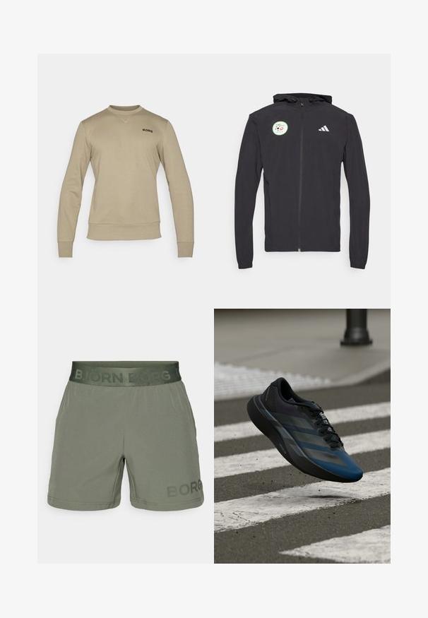 Sudadera con cremallera negra y capucha ajustable, con un parche circular verde que presenta un diseño de fútbol y el logo blanco de Adidas en el pecho.; Sudadera beige de manga larga, con puños y dobladillo acanalados. Presenta un sutil cuello redondo y el logo "BORG" en negro en el pecho.; Bermudas deportivas verdes hechas de tela ligera. Cuentan con una cinturilla elástica con el texto "BJÖRN BORG" y un logo impreso en la pierna izquierda.; Zapato deportivo negro y azul con un diseño aerodinámico, que presenta una parte superior texturizada, franjas contrastantes y una suela acolchada, flotando sobre el pavimento.
