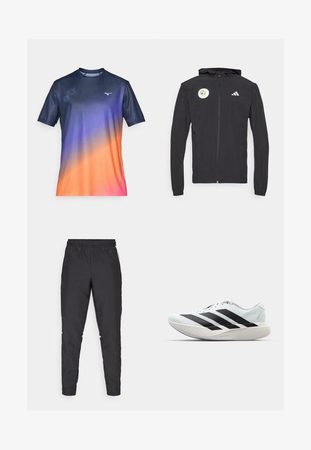 Svart zip-up hoodie med dragsko i huven, som har en cirkulär grön patch med en fotbollsdesign och vit Adidas-logga på bröstet.; Kortärmad träningsskjorta i en gradation av marinblått, lila, orange och rosa. Har ett subtilt blommönster och logotyp på bröstet. Slät tyg.; Svarta träningsbyxor med elastisk midjeband, smalnande ben och vita sidodetaljer. Tillverkade av syntetiskt material med en slät yta.; Lätta löparskor i ljusblått med svarta ränder. Har en slät ovandel, rund tå och tjock vit mellansula märkt "LIGHTSTRIKE PRO."