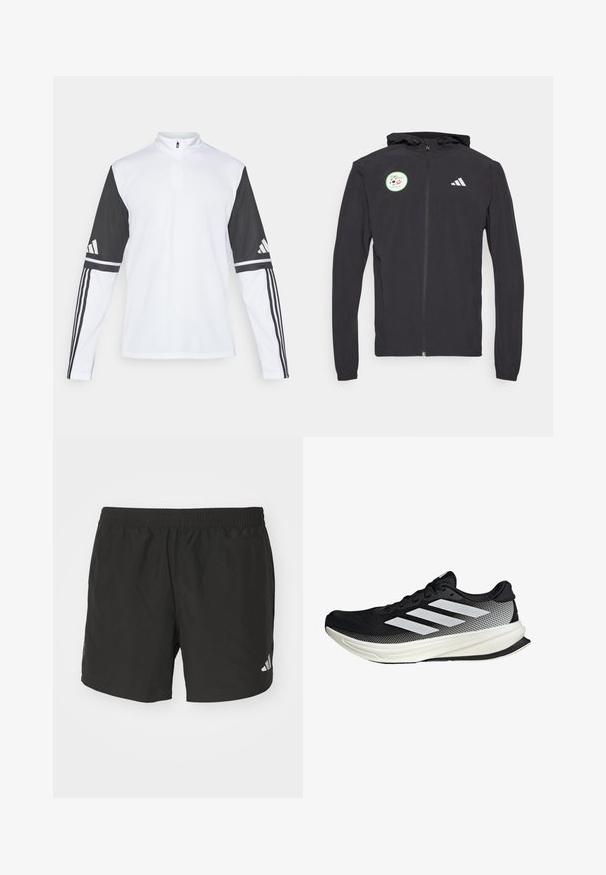 Svart zip-up hoodie med dragsko i huven, som har en cirkulär grön patch med en fotbollsdesign och vit Adidas-logga på bröstet.; Långärmad sporttröja med vit kropp och svarta ärmar, med en kvart-zipp hals, Adidas-logga och kontrasterande ränder på ärmarna.; Svarta träningsshorts med elastisk midja, sidoklyftor och reflekterande logotypdetaljer. Tillverkade av lätt och mjukt tyg.; Svart atletisk sko med nätmönster, som har vita ränder, rund tå och en strukturerad sula för grepp och stöd.