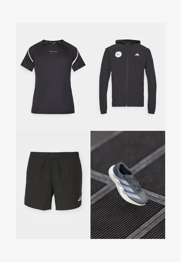 Sudadera con cremallera negra y capucha ajustable, con un parche circular verde que presenta un diseño de fútbol y el logo blanco de Adidas en el pecho.; Endless APHEX - Camiseta deportiva - black; Pantalones cortos deportivos negros con cintura elástica, aberturas laterales y acentos de logo reflectantes. Hechos de una tela liviana y suave.; Zapatilla deportiva en gris y blanco, hecha de material sintético, con un diseño aerodinámico, acabado texturizado y un sistema de cordones prominente.