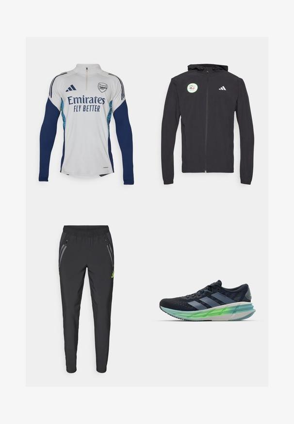 Crna zip-up dukserica s kapuljačom i vezicom, s kružnom zelenom naljepnicom s dizajnom nogometne lopte i bijelim Adidas logom na prsima.; Bijela dukserica dugih rukava s tamnoplavim detaljima, s polu-zip izrezom, koja sadrži logo "Emirates Fly Better" i grb nogometnog kluba Arsenal.; adidas Performance REAL MADRID TIRO25 PRO VIS TECH TRAVEL PANT - Klupska odjeća - black/lucid lemon; Crna i plava atletska cipela s mrežastim gornjim dijelom, tri bijele pruge, zelena prozirna potplat i uočljiv teksturirani uzorak. Lagani dizajn.