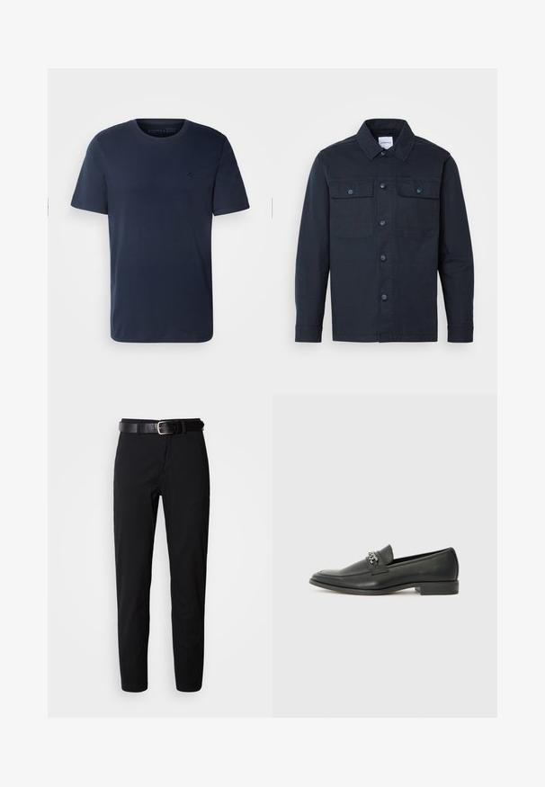 Dunkelblauses Hemd mit Knöpfen, aus einer Baumwollmischung gefertigt, mit zwei Brusttaschen und klassischem Kragendesign.; Dunkelblaues Baumwoll-T-Shirt mit kurzen Ärmeln und Rundhalsausschnitt, mit einem kleinen gestickten Logo auf der Brust. Glatte Textur, Standardgröße.; Schwarze, gerade geschnittene Hose mit glatter Textur und einem schwarzen Ledergürtel mit silberner Schnalle. Einfaches Design, ohne Muster oder Akzente.; Schwarzer Lederloafer mit glatter Oberfläche, ausgestattet mit einer gesteppten Gestaltung und einem dekorativen Metallkettendetail über dem Vorderblatt. Flacher Absatz.