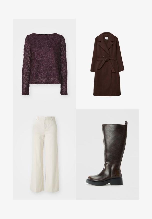 Bruine wolblend jas met een dubbele knoopsluiting, gesneden kraag, tailleband en zijzakken, met een zachte textuur.; Langmouwige doorschijnende top in diep paars, met een gestructureerd patroon en glanzende accenten. Rechte zoom en brede halslijn.; Brede broek in een lichte beige kleur, gemaakt van een gladde stof. Kenmerkt zich door een klassieke tailleband en een vlakke voorkant met strakke lijnen.; Donkerbruine leren kniehoog laars met een ronde neus, stevige zwarte zool, lage blokhak en een trekknoop aan de bovenkant achter.