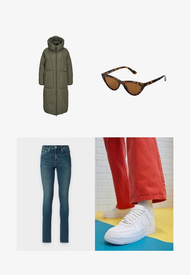 Olīvu zaļš garš pildīts mētelis ar augstu apkali, priekšējo rāvējslēdzēju un divām lielām priekšējām kabatām. Gluda, izturīga auduma ar izšūtu tekstūru.; Brūns adīts džemperis ar augstu ribotu apkakli, platām piedurknēm un mīkstu tekstūru. Iespējota brīva piegriezuma forma un riboti akcenti uz piedurknēm.; Šaurie džinsi, izgatavoti no tumši zilas denim auduma ar augstu jostasvietu, ar piecām kabatām un priekšējo pogu aizdari. Gluda tekstūra un pieguļošs dizains.; Baltās ādas kedas ar perforētu purngalu, teksturētu zoli un baltām auklām, apvienotas ar platām sarkanām biksēm un zilu un dzeltenu fona.; Kaķa acs saulesbrilles ar melnu un oranžu bruņurupuču rakstu rāmi, brūnām lēcām un elegantiem, norādītiem galiem. Rāmī ir minimālists logos uz tempļa.; Sudraba gredzenveida auskari ar minimālistisku dizainu. Cirkulāra forma, gluda tekstūra un plāns profils. Vieglu svaru ar spīdīgu apdari.