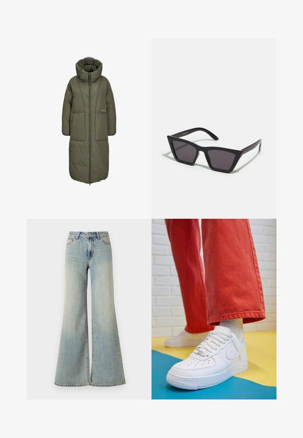 Olivno zelena dolga podložena jakna z visokim ovratnikom, sprednjim zadrgo in dvema velikima sprednjima žepoma. Gladek, trpežen material s prešito teksturo.; Bež pleteni pulover z visokim ovratnikom, z rebrasto teksturo, spuščeni rameni in kratkimi rokavi, v kombinaciji s prosojno zapestnico na zapestju.; Svijetloplave široke traperice s visokim strukom, s izblijedjelim finišem, prednjim džepovima i suptilnim rasporom na dnu nogavica.; Beli usnjeni športni čevlji s perforiranim prstnim delom, teksturiranim podplatom in belimi vezalkami, v kombinaciji s širokimi rdečimi hlačami in modro-rumeno ozadje.; Črne, angularne sončne očala z sivimi lečami; izdelana iz plastike, imajo debele ročke z gladko površino in brez vidne opreme.