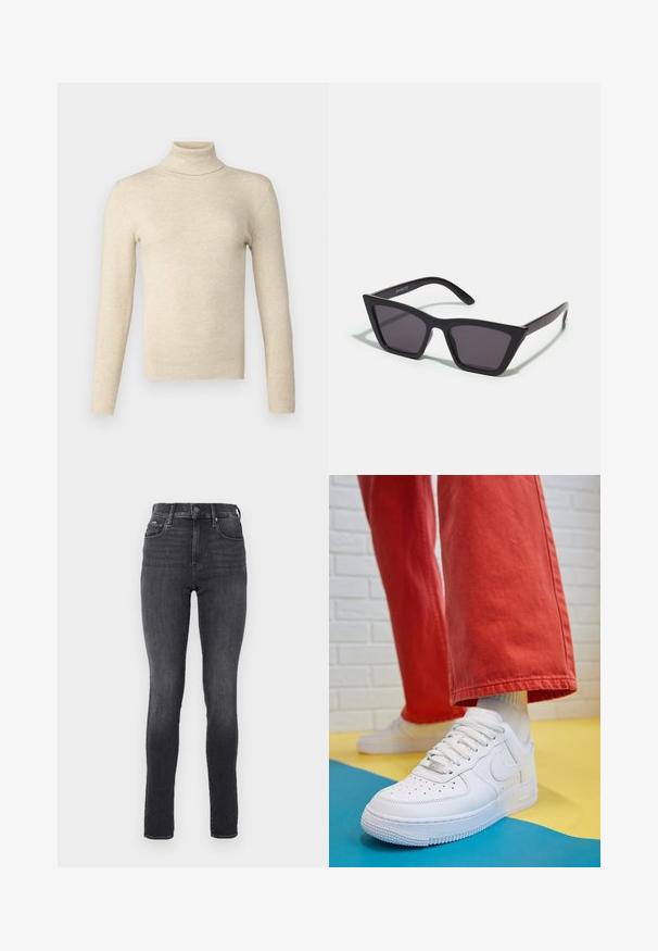 Alyvuogių žalios ilgai pūkinės striukės su aukštu apykakle, priekiniais užtrauktukais ir dviem didelėmis priekinėmis kišenėmis. Lygi, patvari medžiaga su siūlių tekstūra.; Šviesiai rudos, dryžuotos, aptemptos golfo tipo megztinis su ilgomis rankovėmis. Minkšta tekstūra, minimalūs detalės ir lygus paviršius.; Aukštos juosmens liesi džinsai tamsiai pilkame denime, lygus paviršius, turi priekinės kišenes ir metalinį mygtuko uždarymą juosmens srityje.; Baltos odinės kedų sportbačiai su perforuotu pirštu, tekstūruota pado dalimi ir baltais raišteliais, derinami su plačiomis raudonomis kelnėmis ir mėlynos bei geltonos spalvų fono kompozicija.; Juodos, kampuotos saulės akinios su pilkais stiklais; pagaminti iš plastiko, su storomis šakėmis, turinčiomis lygų paviršių ir be matomų detalių.