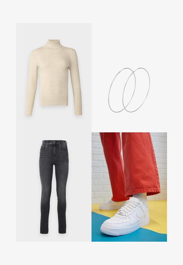 Olīvu zaļš garš pildīts mētelis ar augstu apkali, priekšējo rāvējslēdzēju un divām lielām priekšējām kabatām. Gluda, izturīga auduma ar izšūtu tekstūru.; Bežs ribots augsta kakla džemperis, pieguļošs modelis ar garām piedurknēm. Mīksta tekstūra, minimāla apdare un gluda virsma.; Augsta jostasvieta šaurās džinsās tumši pelēkā krāsā ar gludu tekstūru, ar priekšējiem kabatām un metāla pogu aizdari jostasvietā.; Baltās ādas kedas ar perforētu purngalu, teksturētu zoli un baltām auklām, apvienotas ar platām sarkanām biksēm un zilu un dzeltenu fona.; Sudraba gredzenveida auskari ar minimālistisku dizainu. Cirkulāra forma, gluda tekstūra un plāns profils. Vieglu svaru ar spīdīgu apdari.