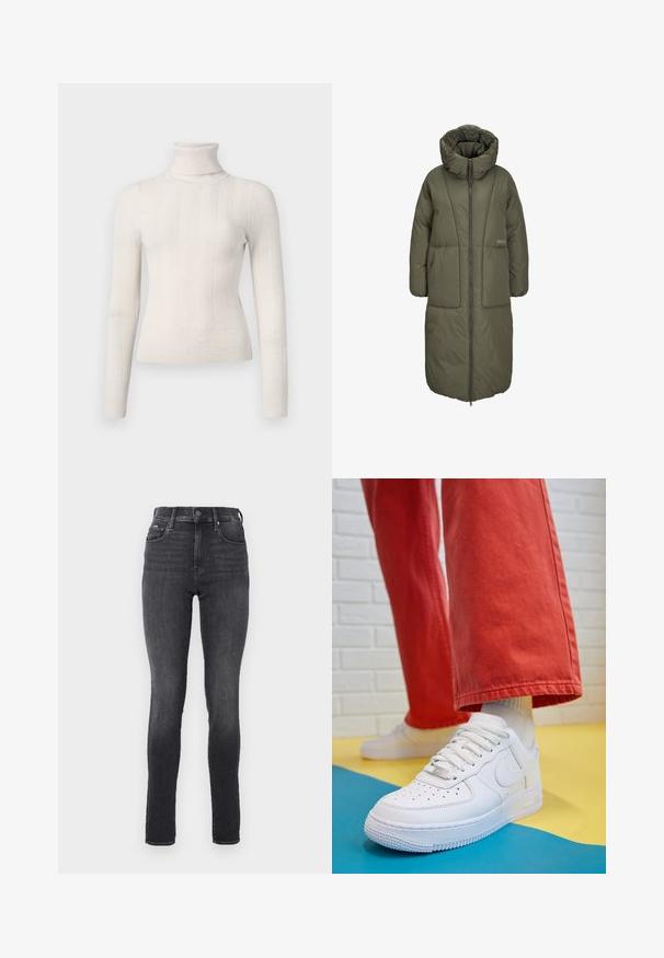 Cappotto lungo imbottito verde oliva con colletto alto, chiusura frontale a zip e due grandi tasche anteriori. Tessuto liscio e resistente con texture trapuntata.; Maglione a collo alto color off-white realizzato in tessuto a costine. Presenta maniche lunghe e un design aderente con sottili righe verticali.; Jeans skinny a vita alta in denim grigio scuro, con una texture liscia, dotati di tasche frontali e chiusura con bottone metallico in vita.; Sneaker bianco in pelle con punta perforata, suola testurizzata e lacci bianchi, abbinati a pantaloni rossi larghi e uno sfondo blu e giallo.