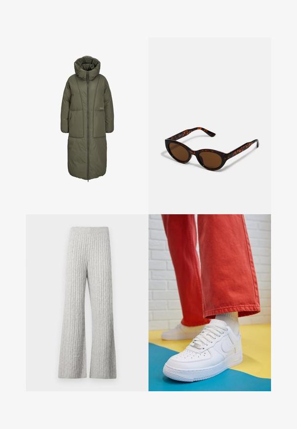 Olivroheline pikk voodriga mantel kõrge kraega, ees tõmblukk ja kaks suurt eesmist taskut. Sile, vastupidav kangas koos tikandi tekstuuriga.; Kaks pikka varrukat turtleneck tippi, üks valge ja teine must, valmistatud siledast, venivast kangast, mõlemad slim-fit disainiga ja kõrgete kraedega.; Halljad soonikud laiad püksid, millel on tekstureeritud muster ja elastne vöökoht, pehme kangasteguga.; Valge nahast tennis, millel on perforeeritud varvas, tekstureeritud tallad ja valged shoelaces, kombineeritud laia punase pükste ja sinise ning kollase taustaga.; Pruunid kilpkonnamustriga päikeseprillid, mille vintage-kassikujuline kuju ja pruunid läätsed. Omavad kaardus varsi punaste aktsentidega.; Kuldne rõngassõrmused sileda ja läikiva viimistlusega. Ringikujuline disain, millel on väike post ja selge tagumine külg, et tagada kindel kandmine.