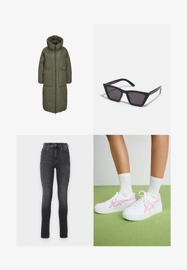 Olivroheline pikk voodriga mantel kõrge kraega, ees tõmblukk ja kaks suurt eesmist taskut. Sile, vastupidav kangas koos tikandi tekstuuriga.; Musthave musta t-särk, millel on karu graafika ja tekst "EI NII NÄDALA, KUID MÄRG" paksult valgete tähtedega. Puuvillane materjal.; Kõrge vöökohaga skinny teksad tumesinises denimis, siledaga tekstuuriga, millel on esipocketid ja metallist nööp sulgemiseks vöökohal.; Valged spordijalatsid roosa aktsentiga, tekstureeritud paneelide ja paksude kummitaldadega. Kandsid koos valgete soonikpiirdega sokkidega rohelise tausta ees.; Mustad mustrakellad, millel on hallid šabloonid; valmistatud plastist, paksude ja siledate kätega, ilma nähtava riistvarata.