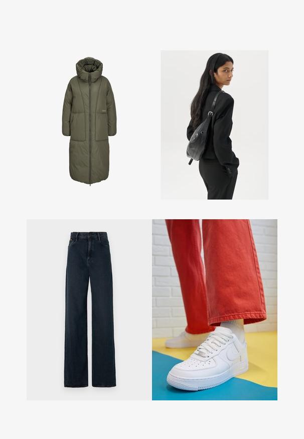 Cappotto lungo imbottito verde oliva con colletto alto, chiusura frontale a zip e due grandi tasche anteriori. Tessuto liscio e resistente con texture trapuntata.; Body nero con maniche lunghe, caratterizzato da un scollo a V in rete e dettagli arricciati sulle spalle. Tessuto morbido con una forma aderente.; Jeans a gamba larga di un blu scuro, realizzati in denim, con vita alta, passanti per cintura e tasche frontali. Il tessuto ha una consistenza liscia.; Sneaker bianco in pelle con punta perforata, suola testurizzata e lacci bianchi, abbinati a pantaloni rossi larghi e uno sfondo blu e giallo.; Donna con lunghi capelli scuri, vestita con un completo nero, che porta una borsa a tracolla in pelle nera, mentre guarda oltre la spalla su uno sfondo bianco.; Orecchini a cerchio in argento con un design minimalista. Forma circolare, superficie liscia e profilo sottile. Leggeri con una finitura lucida.