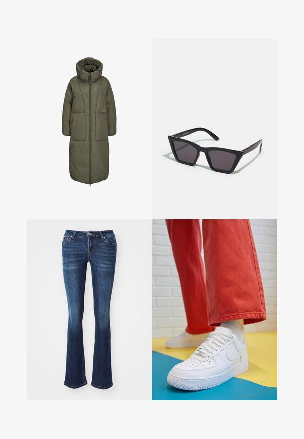 Palton lung umplut de culoare verde măsliniu, cu guler înalt, închidere cu fermoar pe față și două buzunare mari în față. Material neted și durabil cu textură matlasată.; Top alb fără mâneci, confecționat din material ribbed, prezentând un decolteu rotund și o siluetă ajustată, cu cusături minime și fără ornamente.; Jeans evazați de culoare albastru închis, confecționați din denim. Au cinci buzunare, o fermoar cu închidere prin buton și o ușoară decolorare pe partea din față a coapselor.; Tenis alb din piele cu fanta pe vârful piciorului, talpă texturată și șireturi albe, purtat cu pantaloni larga roșii și un fundal albastru și galben.; Ochelari de soare negri, unghiulari, cu lentile gri; fabricați din plastic, având brațe groase cu o suprafață netedă și fără hardware vizibil.; Cercei cercuri din aur cu un finisaj neted și strălucitor. Design circular cu un mic suport și un spate transparent pentru o purtare sigură.