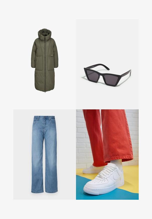 Oliivinvihreä pitkä toppatakki, jossa on korkea kaulus, edessä vetoketju ja kaksi suurta etutaskua. Silkkinen, kestävä kangas, jossa on päällystetty pinta.; Valkoinen hihaton toppi, joka on valmistettu ribbikankaasta, ja jossa on pyöreä pääntie ja tiukka siluetti, minimaalisin saumoin ja ilman koristeita.; Vaaleansiniset farkut leveällä lahkeella, joissa on klassinen viisi-taskumalli, napitus sulkemiseen ja hienovaraiset ompeluyksityiskohdat saumoissa.; Valkoinen nahkakengät, joissa on rei'itetty varvasosa, teksturoitu pohja ja valkoiset nauhat, yhdistettynä leveisiin punaisiin housuihin ja sinikeltaiseen taustaan.; Mustat, kulmikkaat aurinkolasit harmailla linsseillä; valmistettu muovista, paksuilla varsilla, joissa on sileä pinta ja ilman näkyvää metalliosaa.; Hopehope hopeilla, joissa on minimalistinen muotoilu. Pyöreä muoto, sileä pinta ja ohut profiili. Kevyet ja kiillotetut.