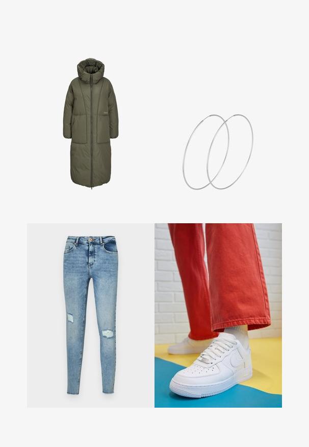 Alyvuogių žalios ilgai pūkinės striukės su aukštu apykakle, priekiniais užtrauktukais ir dviem didelėmis priekinėmis kišenėmis. Lygi, patvari medžiaga su siūlių tekstūra.; Baltas ilgomis rankovėmis turtleneko tipo marškinėliai, pagaminti iš lygaus, tamprus audinys. Yra aukštas apykaklė ir prisitaikantis dizainas, be matomų raštų ar papuošimų.; Lieknos mėlynos džinsinės kelnės su šviesiu skalbimu, turinčios aukštą liemenį, matomas priekinis kišenes ir suplėšytą audinį su dviem skylėmis keliuose.; Baltos odinės kedų sportbačiai su perforuotu pirštu, tekstūruota pado dalimi ir baltais raišteliais, derinami su plačiomis raudonomis kelnėmis ir mėlynos bei geltonos spalvų fono kompozicija.; Sidabrinės pusmėnulio auskarai minimalistiniu dizainu. Apskritimo forma, lygus paviršius ir plonas profilis. Lengvi su poliruotu apdailu.